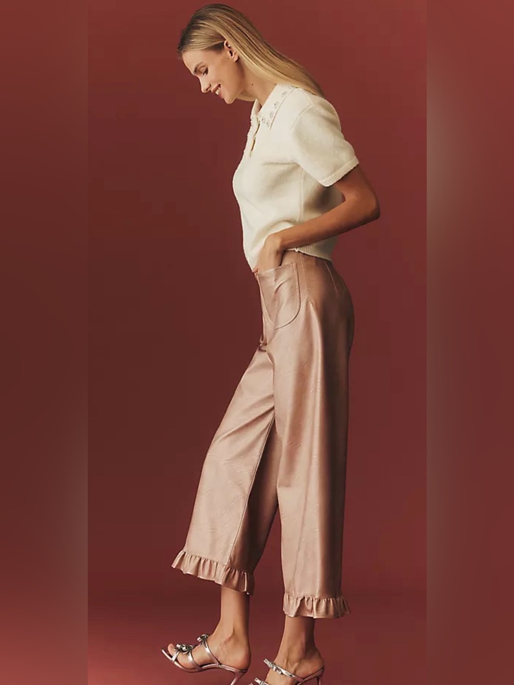 Anthropologie Blush Faux Leather Ankle Pants with Ruffle Hem